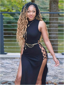 Customized New Arrival Nightgown Sexy Sleeveless Fitted High-Cut Cutout Sheer All-Black Lace-Up Lingerie Dress Skirt Set - Product Image 6