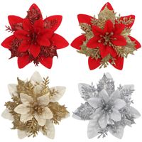 Fleurs de Noël artificielles en tissu de soie plastique moulé, finition poudre d'or tridimensionnelle