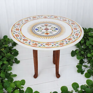 Tablero de Mesa Redondo de Mármol Blanco de 36 Pulgadas con Incrustaciones Multicolores, Pulido y Hecho a Mano con Piedra - Product Image 3
