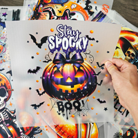 Feuille de transfert DTF personnalisée Halloween, prête à presser, vente en gros, impression de film thermique pour la saison effrayante, autocollant en vrac pour t-shirts