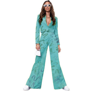 Solid Color Short Long Sleeve High Waisted Wide Leg Pants Women's Suit 2 Piece <b>Set</b> Fashion - Product Image 1