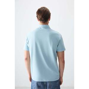 T-shirt basique pour homme en coton bleu clair, épais, doux, texturé, col polo, coupe ample - 88381 - Bleu clair - Product Image 6