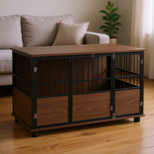 Mesa auxiliar estilo jaula para perros, de madera de nogal, 39.5 pulgadas, 3 puertas, para perros pequeños a grandes, casa para mascotas, sala de estar - Product Image 2