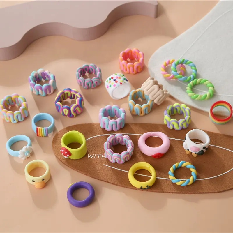 2023 Ins New Trendy Bohemia Colorful Stripe Ring Handmade Ceramic Clay Rings for Women Jewelry Friends Gifts
