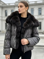 Janveny Nouvelle Veste Courte Matelassée Hiver Oversize en Véritable Fourrure de Renard et de Raton Laveur avec Paillettes, Entièrement Zippée, Chaude, pour Femme, en Duvet de Canard Blanc