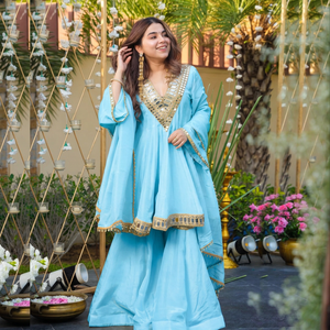 Light Blue Chinon <b>Shawl</b> Mirror Work Traditional Indian Pakistani Women's Wear <b>Wedding</b> Engagement Spring Summer Breathable - Product Image 2