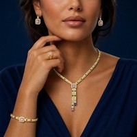 Bride Talk 3A Parure de bijoux en cuivre doré avec zircone cubique CZ, trois rangs, motifs carrés, rose, violet, noir, comprenant collier, boucles d'oreilles, bracelet et bague
