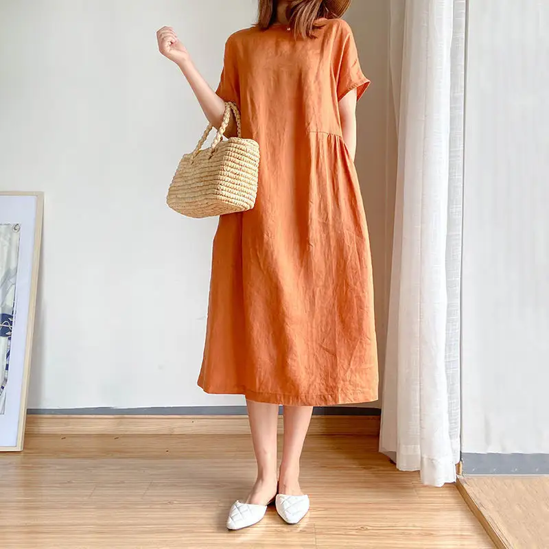 2022 new summer simple loose and thin large size mid-length cotton women's dress