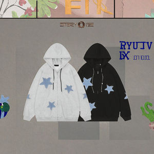 Men's 100% Cotton Breathable V-neck Loose Fit Embroidered Star Pattern Autumn <b>Cardigan</b> <b>Sweatshirt</b> Pocket - Product Image 2