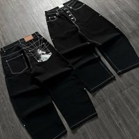 Celana Jeans Hitam Bordir Jaring Laba-laba Heavy Duty dengan Jahitan Kontras, Kancing Rivet, Model Baggy untuk Pria, 100% Katun