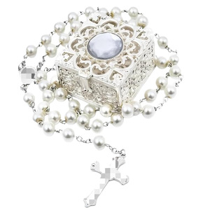 Collier croix imitation perle pour femme, longue chaîne de pull avec coffret cadeau, vente en gros - Product Image 5