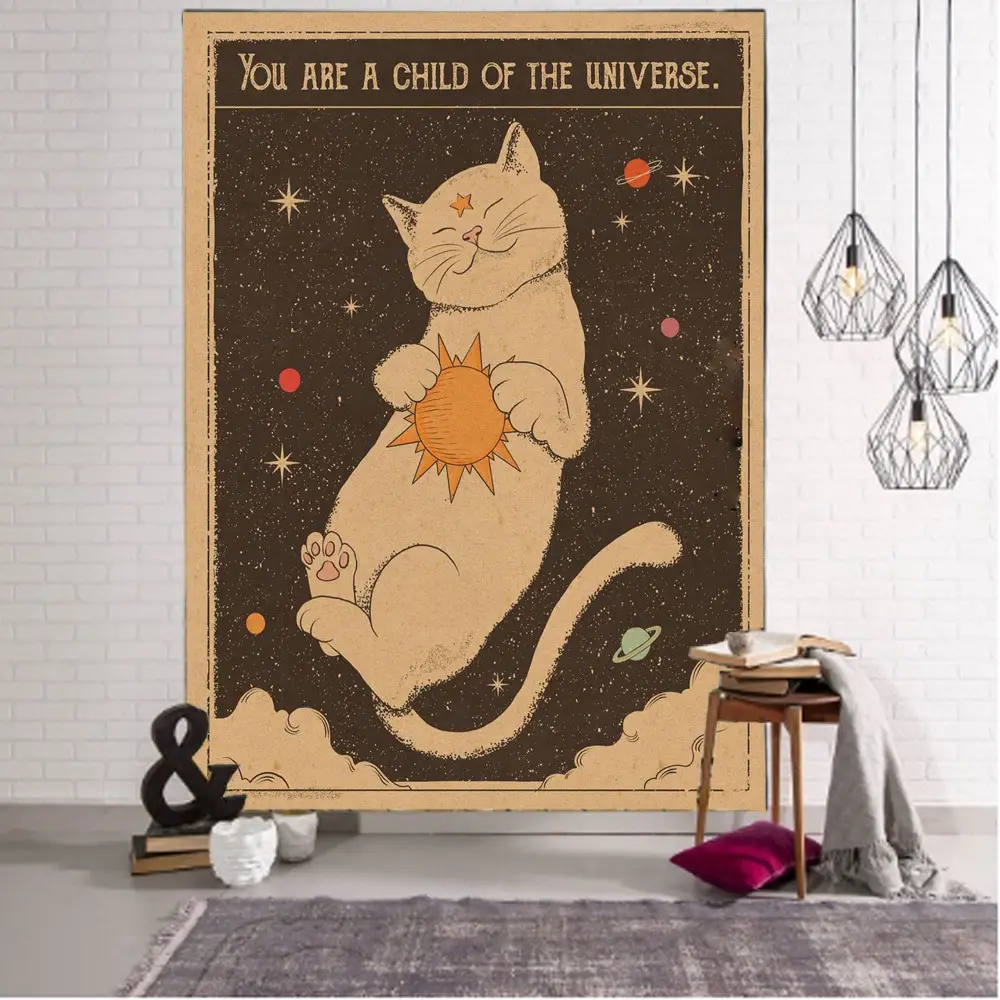 Boho Kawaii Wall Hanging Moon Tarot Room Decor Aesthetic Psychedelic Hippie Fabric Cute Cat Large Tapestry for Bedroom