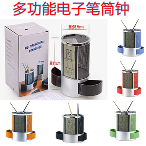 Stainless Steel Mesh Electronic Pen Holder <b>Clock</b> With <b>Digital</b> Calendar And Temperature Display For Office <b>Desk</b> Use - Product Image 5