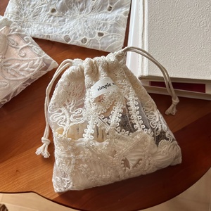 Pochette vintage en gaze de coton brodée de dentelle avec cordon de serrage, sac de rangement portable monocouche pour bijoux et petits objets - Product Image 4
