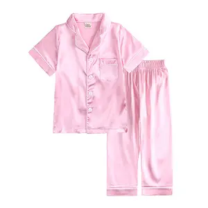 KC041 2 Piece Kids Clothing Infant Baby Boy Girl Pajamas Silk Satin Top Pant Long Sleeve Button-Down Kids Clothing Sleepwear Set
