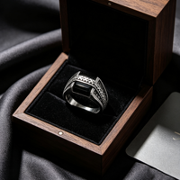 Kaanjewelry 925 Sterling Silber Ring mit Eingelegtem Schwarzen Achat Retro-Muster Breiter Ring Herren Strukturierter Zeigefingerring
