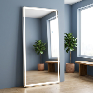 Miroir de salle de bain rectangulaire LED doré de luxe (80 x 180 cm) style Art Déco moderne avec cadre argenté et interrupteur tactile, autoportant - Product Image 2