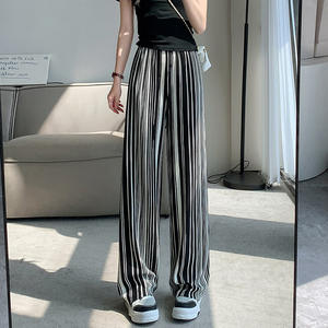 Taille haute jambe droite pantalons décontractés femmes pantalons amples à jambes larges avec un design rayé plissé - Product Image 2