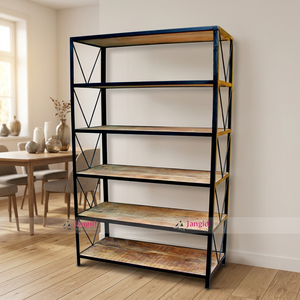 Étagère industrielle en fer, bibliothèque, vitrine, étagère à cinq niveaux en bois, meuble bibliothèque pour la maison, l'hôtel, la ferme - Product Image 1