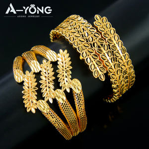 新着花嫁ウェディングラグジュアリージュエリーセット<span class=keywords><strong>21k</strong></span>ゴールドメッキ真鍮オープンバングルと女性用リングセット - Product Image 2