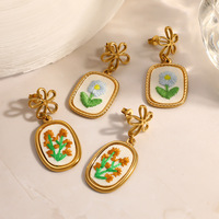 Anting-anting liontin bordir bunga vintage SUMMLY, berlapis emas 18K, baja tahan karat, antialergi, perhiasan mode
