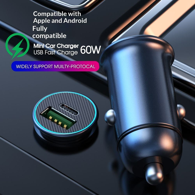Popular Sell 60W Mini Aluminum Alloy PD/QC3.0 Wireless Car Charger USB-C and USB-A Plug with Fast Charging for Car Use