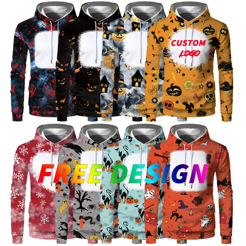 High Quality kids Children Sublimation Blanks Polyester Halloween Christmas Hoodies Men and women Faux Bleached Sweatshirts