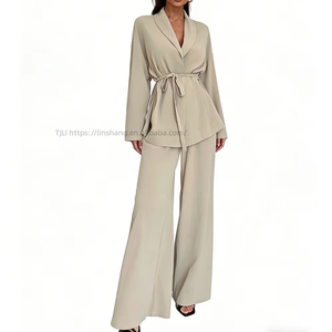 V-Neck Women's Blouse With Elegant Long Sleeves and <b>Tie</b> Detail, Paired With Stylish Wide-Leg Pants - 2-Piece <b>Set</b> Fashion - Product Image 1