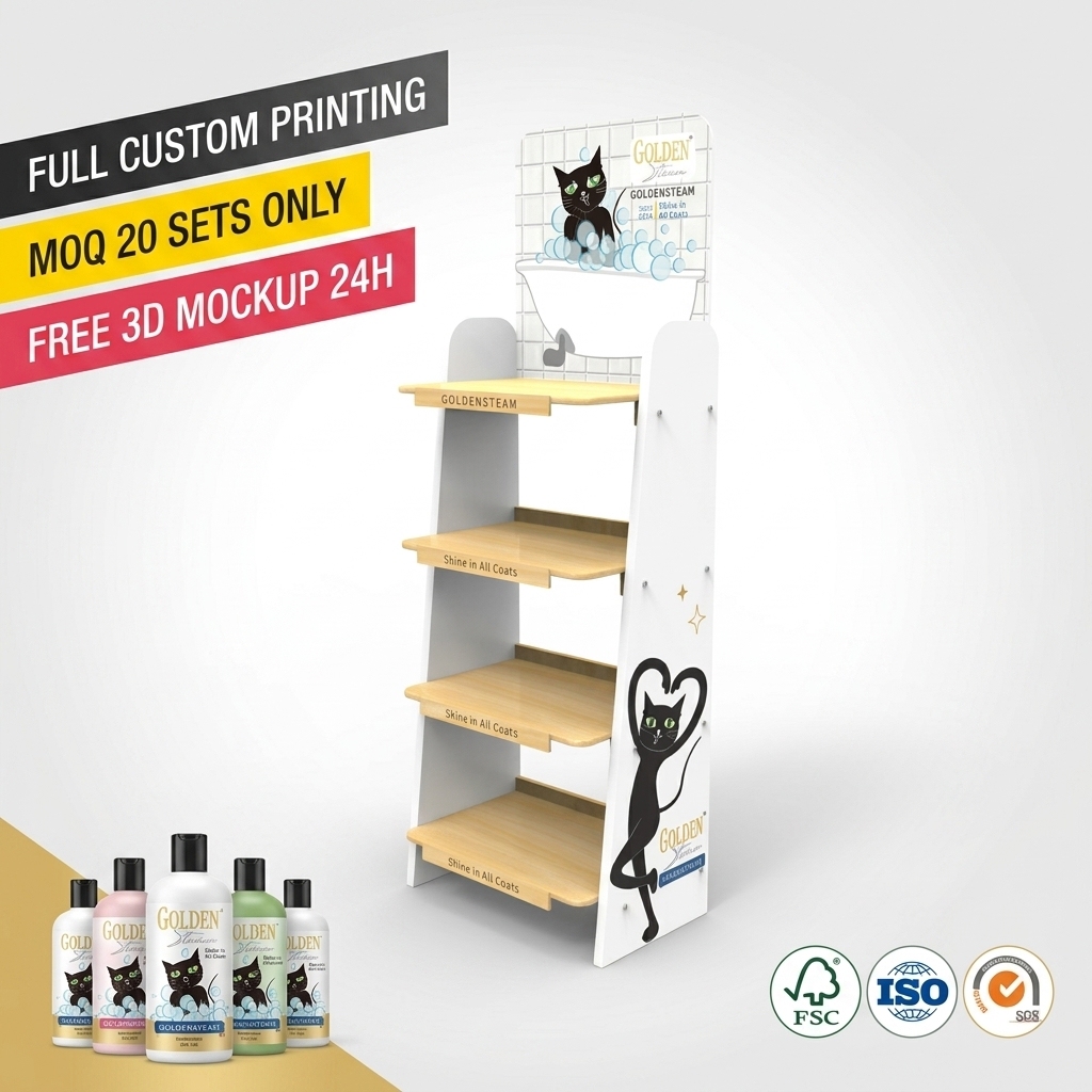 Apache Wooden Baby Care Display Stand Organic Skin Care Pet Grooming Rack Retail Shelf Eco Friendly POS FSDU Floor Rack Logo FSC — view 1