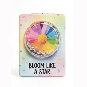 Miroir de poche compact rectangulaire personnalisé avec logo, motif tournesol coloré et paillettes liquides, design étoile pastel recto-verso, vente en gros - Product Image 1