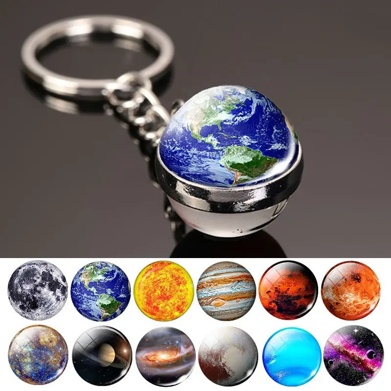 Gifts Glow Universe Planet Keychain Solar System Metal Galaxy Nebula Earth Double Sided Ball Glass Pendant Silver Acrylic CN;ZHE