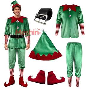 MS Christmas Elf Set Green Velvet Adult and Children Family Matching Outfits Shirt <b>Cosplay</b> Costume Wholesale - Product Image 5