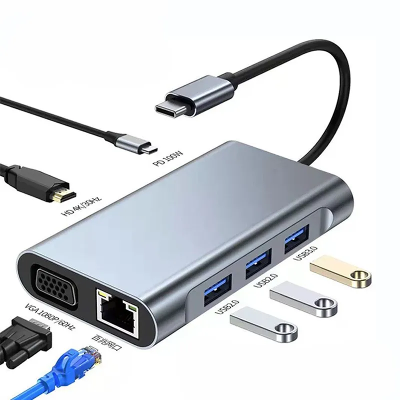 Hub pengisi daya Usb C 7 In 1, Hub Tipe c Hub 7 In 1 dengan Usb 3.0 4k HD Usb 3.0 Rj45 Sd Tf usb-c Pd