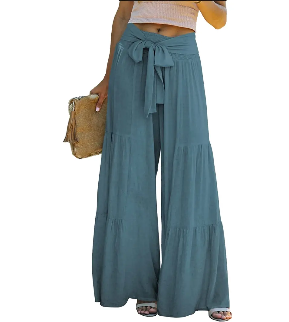 Women Summer High Waisted Cotton Linen Wide Leg Flare Palazzo Pants Beach Pant Long Bell Bottom Plus Size Lounge Trousers