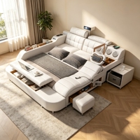 Lit double intelligent haut de gamme en tatami, en cuir véritable, avec fonction massage, lit home cinéma avec chargeur sans fil et armoire de rangement pour chambre à coucher