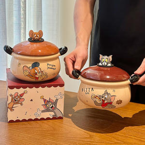 ชามเซรามิคทอมแอนด์เจอร์รี่พร้อมฝาปิด ความจุขนาดใหญ่ มีหูจับสองข้าง ดีไซน์การ์ตูน สำหรับเด็กและใช้ในบ้าน - Product Image 3