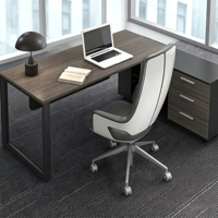 Bureau de direction moderne minimaliste en forme de L avec finition grain de bois, structure métallique et armoire latérale mobile - Mobilier de bureau commercial