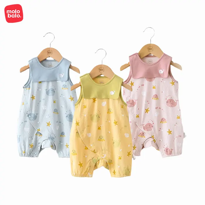 Wholesale 100% Cotton Baby Rompers Summer Thin knitted Baby Clothes Newborn Clothes Summer Onesie With Baby Bibs