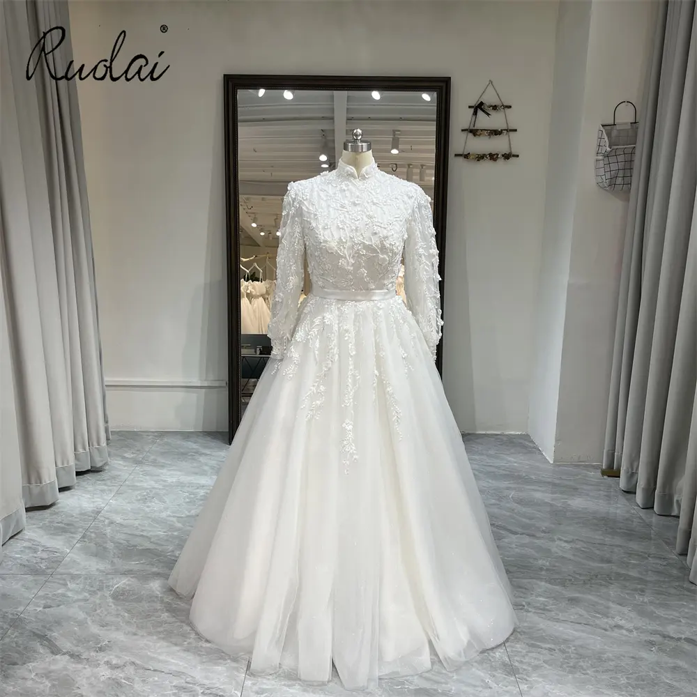 Ruolai QW01790 Elegant High Neck Long Sleeve Lace Wedding Dress Short White Bridal Gowns for Party