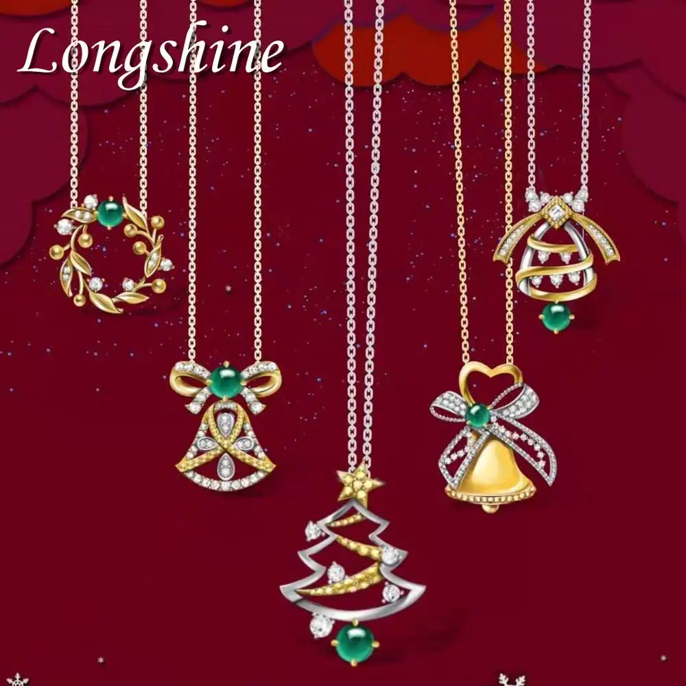 Gemstone Christmas Jewlery for Women Charm Garland Small bell Tree Shaped Pendant 18K Gold Diamond Necklace