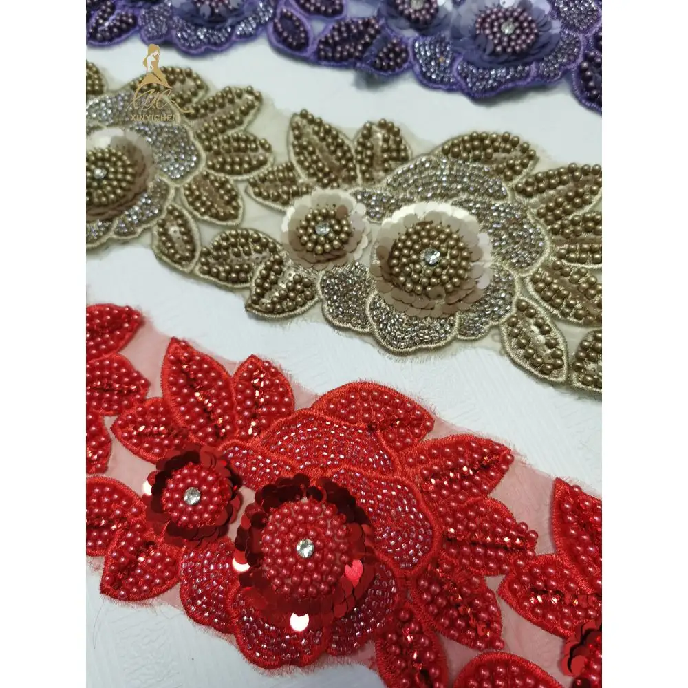 Custom Rhinestone Sequin Trim Flower Lace Polyester 3D Floral Lace Trim Embroidery Lace Trim for Clothing