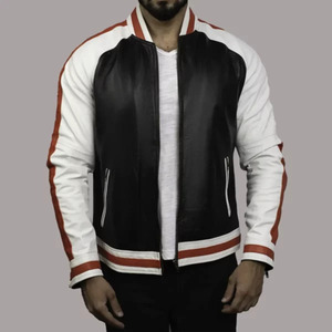 Chaqueta estilo bomber clásica roja a rayas Zack – Prenda exterior de moda para hombre en cuero genuino - Product Image 1