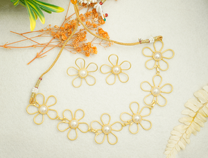 Parure Collier Ras-du-Cou Plaqué Or avec Perles Florales et Boucles d'Oreilles pour Femme, Bijoux Ethniques Traditionnels, Ensemble Ras-du-Cou Tendance pour Soirée - Product Image 4