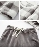 कस्टम युगल नाइटवियर प्लेड मुद्रित ओ-गर्दन लंबी आस्तीन शीर्ष ठोस रंग की पैंट नरम घिरना शीतकालीन Pajama सेट