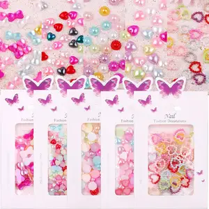 Heart Wholesale 50pcs Mix Color Pearls Nail Art Decoration Love Bow Knot Heart Shape Pearl Nail Charms Diy Nail Accessories