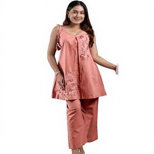 Women Cotton Kurti Set With <b>Palazzo</b> <b>Pants</b> Embroidered Floral Design Loose Fit Casual Wear Summer Outfit India Pakistan Style - Product Image 1