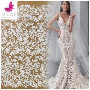 Heiße Verkäufe Französisch weißes Blatt Stickerei Braut Hochzeit Mesh Spitze Kleid Stoff für 5 Yards HY1590-2