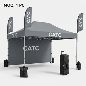 Tenda a baldacchino CATC personalizzabile con logo 10x10, MOQ 1 pz, gazebo pieghevole impermeabile ed ecologico con pareti laterali e bandiere per fiere ed eventi. - Product Image 1