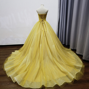 Impresionante Vestido de Noche con Hombros Descubiertos, Vestido de Fiesta de Tul Amarillo con Lentejuelas Mz0062 - Product Image 4