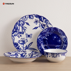Prix de gros Tresun, fabrication sur mesure OEM, impression par tampographie, ensemble de 16 assiettes en céramique à motif floral bleu et oiseaux, vaisselle. - Product Image 1